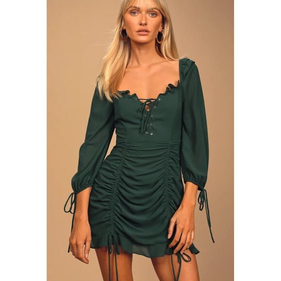 Lulus Dresses & Skirts - NWT Lulus It Happened in‎ Dublin Forest Green Ruched Lace-up mini dress Sz XS
